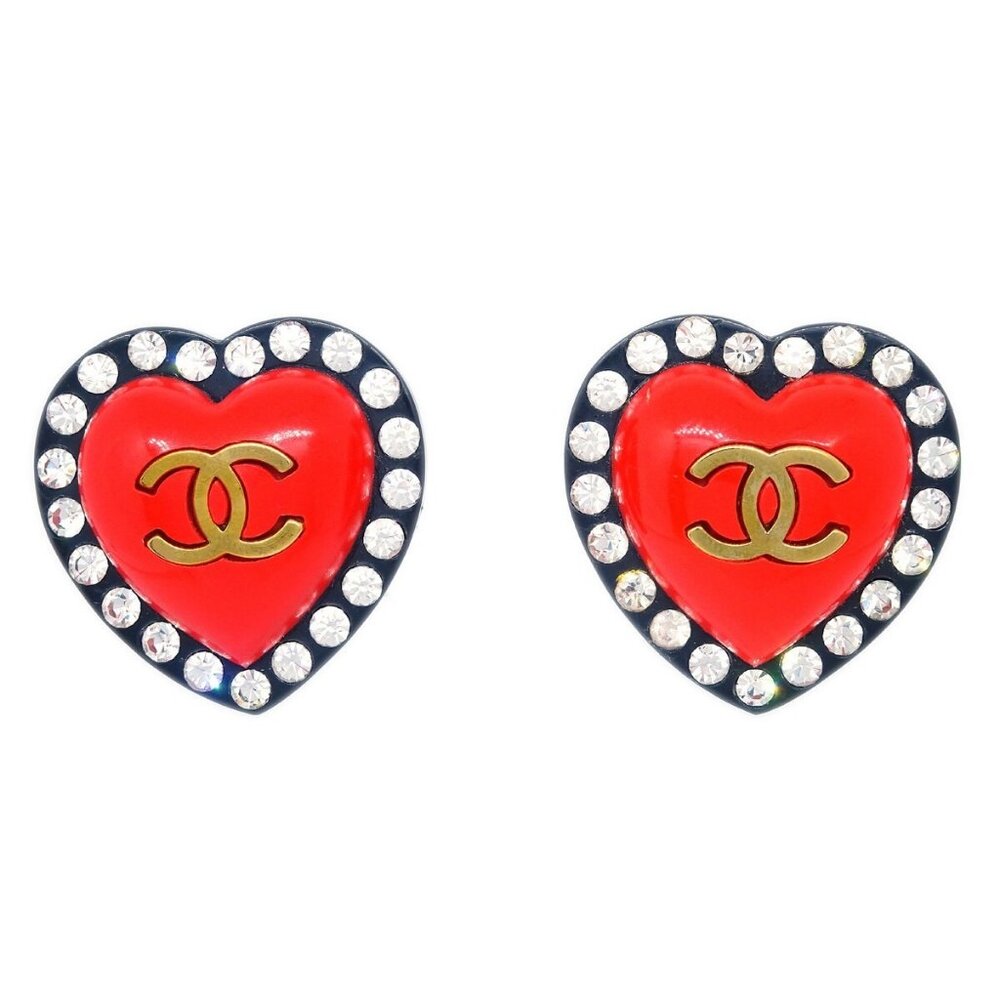 Chanel Heart Rhinestone Earrings Clip-On Red 95P 191404